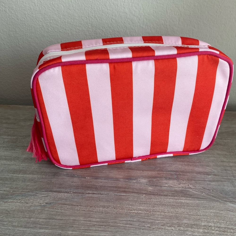 Red Pink Striped Boutique Zip Tassels Fabric Cosmetic Makeup Bag Case